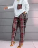 Women's Two Piece Pants Vrouwen Lente Herfst Casual Losse 2 Delige Set Trekkoord Ontwerp Zakken Plaid Print Lange Mouwen Top Broek