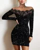 Casual Dresses Sexy Party Night Out For Women Autumn Plain Black Off Shoulder Long Sleeve Contrast Lace Glitter Bodycon Mini Dress 230217