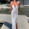 Casual Dresses Sexy Deep V Sleeveless Backless High-Waist Bodycon Dress Solid Color Spaghetti Strap Side Split Hem Maxi Clubwear Vestidos