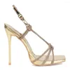 Sandali con strass Bling per le donne Strappy argento tacco sottile tacco a spillo oro scarpe con punta quadrata 2023 primavera sexy