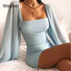 Lässige Kleider wepbel hohe Taille Langarmscheide Mini Blau Blau flach sitzend Kragen sexy Feste Farbe Slim Fit Bodycon 230217