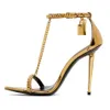 Summer Luxury Padlock Pointy Naked Sandals Shoes Womens Lock Key Metal Stiletto Heels Gold Chain Link Sexig Lady Party Wedding Dress EU35-43 Original Box