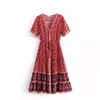 Casual jurken lente zomer boho riem bloemenprint lange hoge taille v-neck vakantie met één borsten midi vrouw 230217