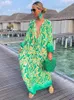 Casual Dresses Women Vintage Maxi Summer Sexig Deep V-ringen Långärmad Boho Print Kvinnlig strand täcker Elegant Robe 230217