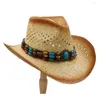 Boinas masculinas paterem chapéu de cowboy ocidental com banda de couro punk weave weave praia sol sombrero cowgirl jazz tamanho 58cm a0063