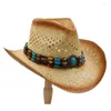 Beretas Women Men Straw Western Cowboy Gat con banda de cuero punk Weave Weave Beach Sun Sombrero Cowgirl Jazz Tamaño de 58 cm A0063