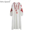 Casual Dresses Boho Queens Women Floral Emberoidery Beach Bohemian Maxi Ladies O-Neck Lantern Sleeve Summer Dress Vestidos 230217