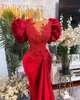 Plus Size Árabe Aso Ebi Red Mermaid Lace Vestidos de Baile Frisado Sheer Neck Veludo Noite Formal Festa Segunda Recepção Vestidos Vestido BC11945