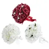 Dekoratif Çiçekler Gelin Nedime Düğün Buketi Kırmızı Beyaz PE Yapay Gül Çiçeği Şerit Mariage Partisi Ev Dekorasyon