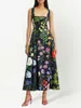 Casual jurken vgh vintage print bloemenjurk voor vrouwen vierkante kraag mouwloze hoge taille backless colorblock midi vrouwelijke kleding 230217