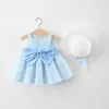 Vestidos de niña 2 unids/set verano para niñas dulce lazo flor niños ropa sin mangas algodón fiesta princesa niño disfraz sombrero