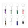 Nyckelringar Natural Stone Hexagonal Prism Keychains Healing Pink Crystal Car Decor Bag Chain Keyholder For Women Men smycken Drop Deliv DH2TZ