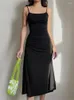 Casual Kleider Mode Strappy Geraffte Frauen Kleidung Sexy Schwarz Kleid Unregelmäßige Elegante Backless Lange Party Sommer Vestidos Robe