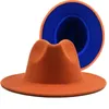 Chapeaux à large bord extérieur orange simple intérieur bleu feutre de laine Jazz Fedora avec boucle de ceinture mince hommes femmes Panama Trilby casquette 56-58-60CM Davi22