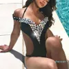 Rhinestone bling bling sexiga kvinnor en bit badkläder badmonokini skjuta upp upadded bikini ihålig baddräkt strand slitage309u5203730