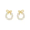 Stud Earrings Korean Elegant Trendy Round Crystal Wreath Bow For Women Imitation Pearls Jewelry Wedding Gift