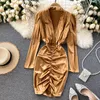 Casual Dresses Women Autumn Winter Long Sleeve Sexig Deep V Neck Pleated Bodycon Dress Female Party Mante Vestidos Golden