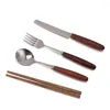 Yemek takımı setleri 4pcs Çatal bıçak takımı taşınabilir kamp yeniden kullanılabilir sofra sofra sofra Silverware ahşap sap biftek bıçak çatallı çubuklar saklama kutusu ile