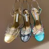 AQUAZZURA-Sandalen mit hohen Absätzen, 100 mm, mit Kristallen besetzt, transparentes PVC, grün-rote Absätze, himmelhoher Absatz für Damen, Sommer-Luxus-Designer-Schuhe, Party-Kleiderschuh mit Absatz