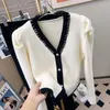 Damesbreien Diamanten V-hals Puff Sleeve Sweater Vrouwen gebreide crop Cardigan Long Tops Gebreide streetwear Fashion Chic Ladies Jumper