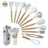 Cookware Parts 10/12PCS White Premium Silicone Utensils Set Non-Stick Spatula Shovel Wooden Handle With Storage Box Kitchen Tools 230217