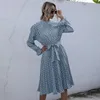 Casual Kleider Frau Herbst Frühling Plissee Midi Kleid Polka Dot Print Geraffte Gürtel Schleife Langarm Elegante Weiß Trendy für Frauen