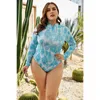 Maillot de bain femme manches longues une pièce maillot de bain femme bleu ciel col haut crème solaire printemps mince couverture ventre grande taille