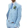 Ternos masculinos Moda Blue Linen Man Blazer Conjunto Casual Seersucker Suit Slim Groom 3 peças Men tuxedos personalizados
