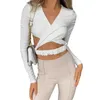 Magliette da donna Prospettiva da donna Crop Top Sexy Cross Wrap Increspato Manica lunga Profondo scollo a V T-shirt slim fit Poliestere