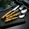 Dinnerware Sets 4/16/24 Pcs Nature Bamboo Tableware Set Gold Stainless Steel Steak Knives Forks Tea Dessert Spoons Cutlery Luxury