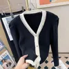 Damesbreien Diamanten V-hals Puff Sleeve Sweater Vrouwen gebreide crop Cardigan Long Tops Gebreide streetwear Fashion Chic Ladies Jumper