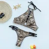 Women's Swimwear Brazilian Bikini Thong Lace Up Bathing Suit Women Snake Print Swimsuit Female Halter 2023 Backless Monokini