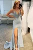 2023 Mermaid elegante vestidos de baile de mi￧angas brilhantes Vestidos de festa Vestido noturno de pesco￧o com fenda Vestido de regresso a casa
