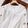 Women's Blouses Women Ladies Casual Cotton Tops Spring Autumn O Neck Flowers Long Sleeve Blouse Single Breasted 2023 Shirt Clothing R13