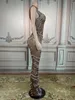 Sahne Giyim Kahverengi Perspektif Parlayan Rhinestones İnciler Seksi Kolsuz Uzun Elbise Kadınlar İçin Akşam Ünlü Şarkıcı Kostümleri