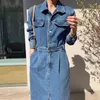 Casual Dresses Elegant Full Sleeve Split Women Denim Dress Notched Collar Slim Waist Belted Female Bodycon Spring Midi Vestidos L001Casual