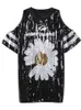 Kvinnors T -skjortor Chic ins söta blommor Daisy Women Sequin Long Europe Casual Sexig Cutout Ladies Tee Sunflower Dress Party Stay Home Style