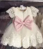 Robes de fille robe de bal ceintures arcs appliques Alencon dentelle organza tulle perles fermeture éclair mignon bébé filles robe