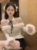 Chandails pour femmes Style japonais doux hors épaule en peluche frangé pull blanc femmes 2023 printemps fille minceur à manches longues hauts en tricot