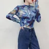 T-shirts Femmes 2023 Gothique Bleu Pachtwork Mesh Sheer E-Girl Graphique 90s Vintage Femmes Manches Longues Slim Fit Crop Top Harajuku Streetwear