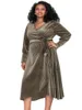 Plus Size Kleider Elegant Frühling Herbst Langarm Midi Samt Wickelkleid Damen Krawatte Taille V-Ausschnitt Formal Party Weihnachten 6XL