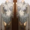 Stage Wear Sexy Perspective Silver Diamond Dress Long-Sleeved Feather Fringes Women Birthday Party Trailing Costume 5785
