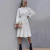 Casual Kleider Frau Herbst Frühling Plissee Midi Kleid Polka Dot Print Geraffte Gürtel Schleife Langarm Elegante Weiß Trendy für Frauen