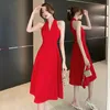 Lässige Kleider Hepburn Rot Schwarz Strand Elegante Sommer-Sommerkleider Dame Sexy V-Ausschnitt Hoch tailliert Slim Fit Neckholder Midi für HochzeitenLässig