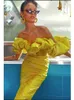 Abiti casual Sexy scollo a V con spalle scoperte Abito longuette floreale ricamato Blu Giallo Elegante volant Manica corta Split Celebrity Evning PartCas