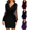 Casual Dresses V-hals Mini Party Dress for Womenas paljetter Mesh Prom seching ärmar Korta klänningar Formella eleganta kvinnliga streetwear