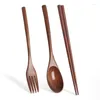 Dinnerware Sets 3pcs Set Wooden Tableware Fork Spoon Chopsticks Solid Wood Long Handle Travel Portable