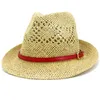 Breda brim hattar vår sommar sol hatt män kvinnor kort strand mössa manlig kvinnlig halm jazz fedora läderbälte trilby