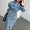 Casual Dresses Elegant Full Sleeve Split Women Denim Dress Notched Collar Slim Waist Belted Female Bodycon Spring Midi Vestidos L001Casual