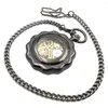 Zegarki kieszonkowe czarny obudowa pół rzymskie wycięcie steampunk vintage puste analogowe szkieletowe okrzyk rąk męskie męskie prezent zegarek mechaniczny